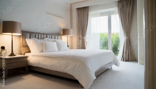 bedroom in soft light colors big comfortable double bed in elegant classic bedroom at home © Debbie