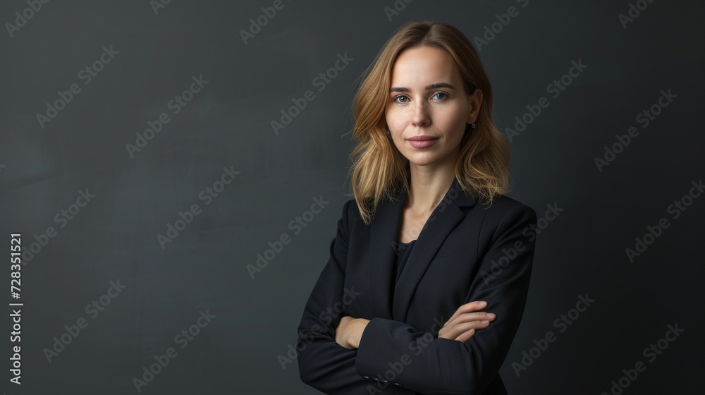 Confident Professional Blonde Woman in Black Business Suit with Dark Background Confident Professional Blonde Woman in Black Business Suit with Dark Background