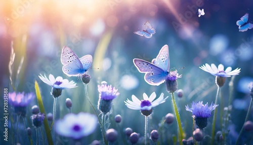 wild light blue flowers in field and two fluttering butterfly on nature outdoors close up macro magic artistic image toned in blue and purple tones