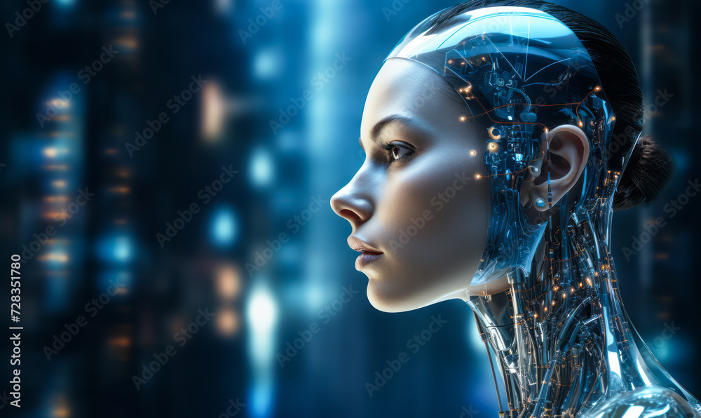 Profile view of a futuristic AI humanoid with a transparent cranial structure and embedded circuits against a cityscape, symbolizing AGI, deep learning, and advanced machine learning