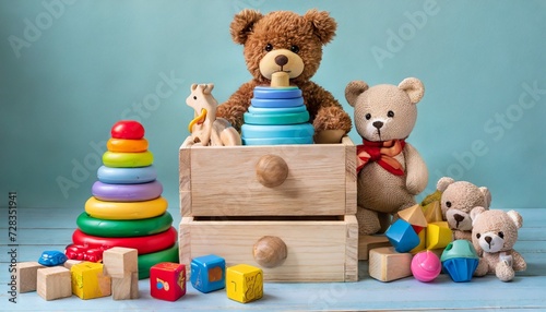 toy box full of baby kid toys container with teddy bear wooden rattles stacking pyramid and wood blocks on light blue background cute toys collection for small children donatation front view