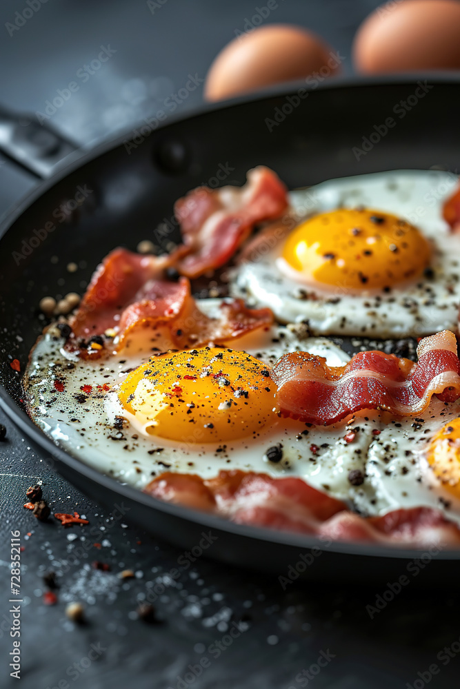 Fried eggs and bacon in a black pan are being cooked, with empty copy space, food advertising Fried eggs and bacon in a black pan are being cooked, with empty copy space, food advertising