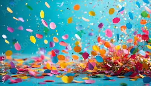 colorful confetti falling on a holiday on a blue background © Debbie