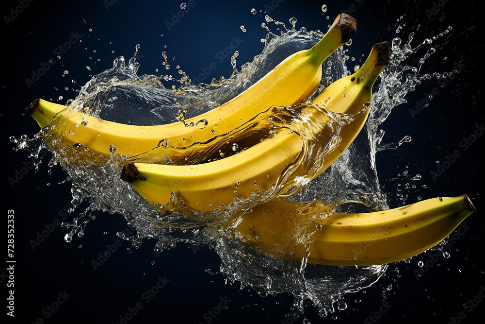 banana slices with knife and water drops and splashes on natural background