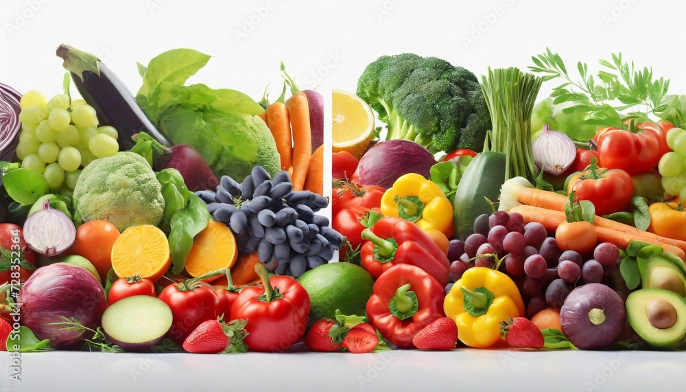 wide collage of fresh fruits and vegetables for layout on white background wide collage of fresh fruits and vegetables for layout on white background