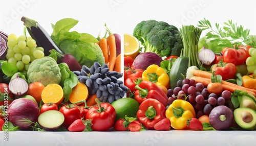 wide collage of fresh fruits and vegetables for layout on white background © Debbie