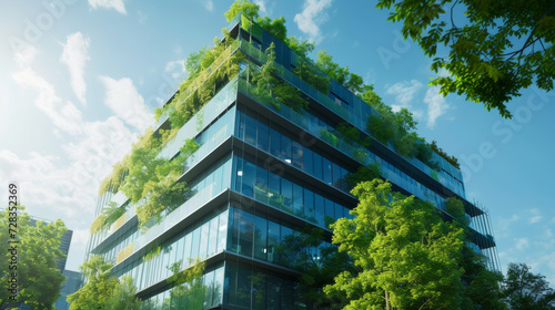 Modern Eco-Friendly Building with Vertical Gardens, Contemporary building featuring vertical gardens on balconies, blending urban architecture with green living spaces.