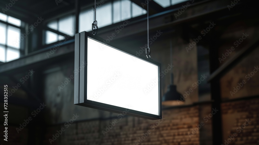 Modern loft-style office interior with a blank whiteboard hanging from the ceiling, surrounded by industrial windows and pendant lighting. Modern loft-style office interior with a blank whiteboard hanging from the ceiling, surrounded by industrial windows and pendant lighting.