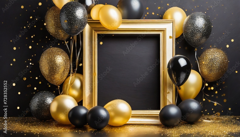 golden frame with gold and black balloons with sparkles on black background golden frame with gold and black balloons with sparkles on black background