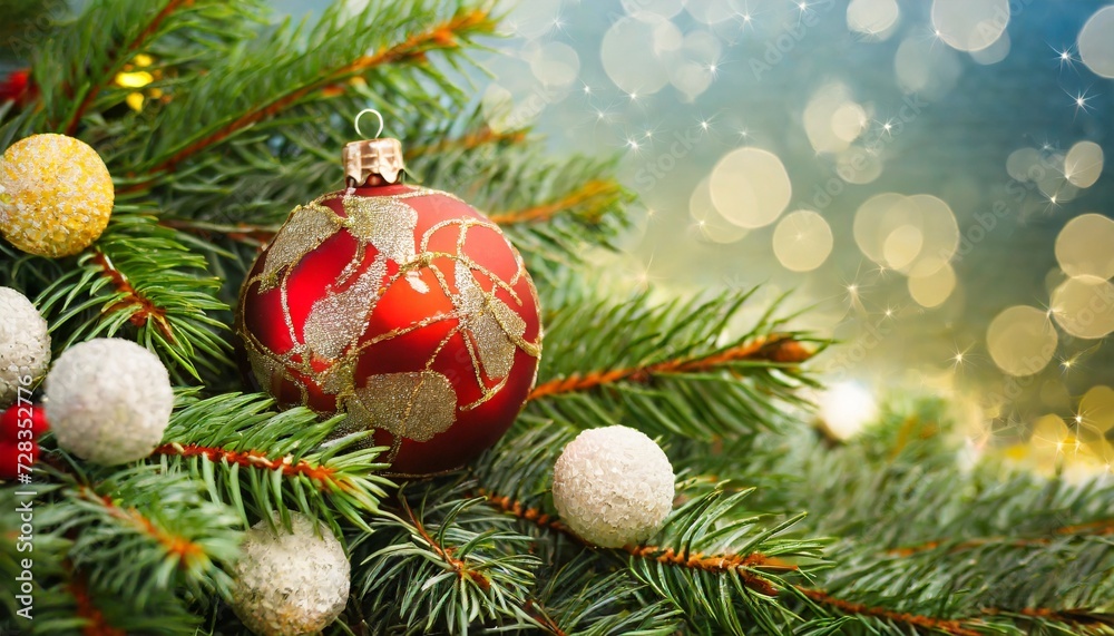 christmas wallpaper background with decorative xmas ball on fir tree generative ai