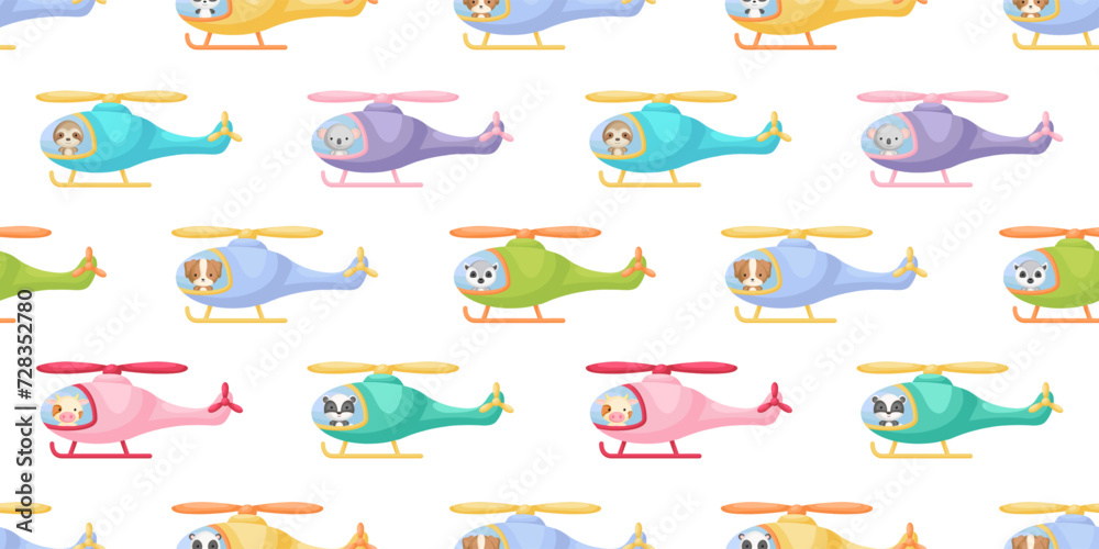 Cute little animals fly on helicopter seamless childish pattern. Funny cartoon animal character for fabric, wrapping, textile, wallpaper, apparel. Vector illustration