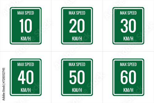 Maximum Speed limit sign 10 kmh, 20, 30, 40, 50, 60 Kmh, sign icon on white background vector illustration. photo