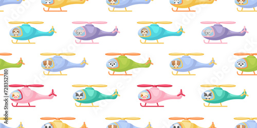 Cute little animals fly on helicopter seamless childish pattern. Funny cartoon animal character for fabric  wrapping  textile  wallpaper  apparel. Vector illustration