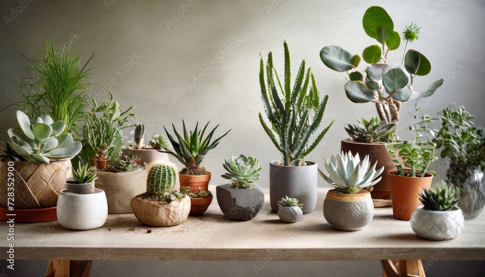 modern composition of home garden filled a lot of beautiful plants cacti succulents air plant in different design pots stylish botany interior home gardening concept template