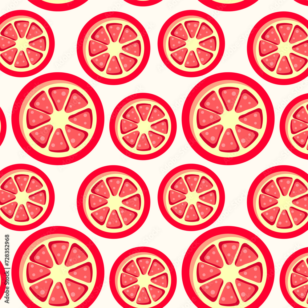 Seamless pattern with red grapefruit slices on white background. Flat style
