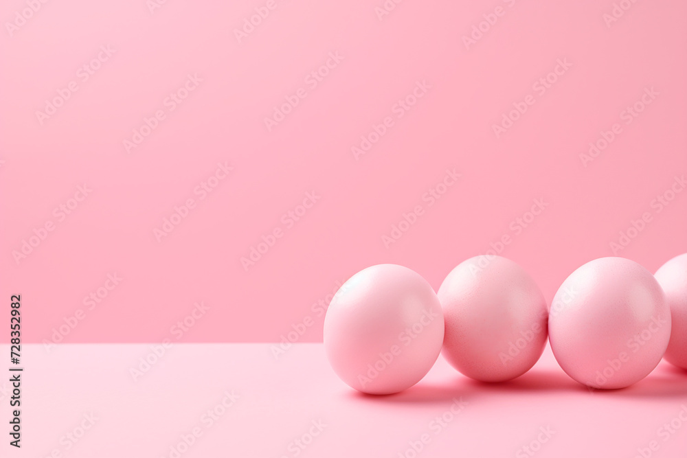 Pink eggs on a pink background, minimalistic Easter background, copy space, side view