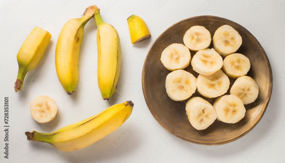 banana slice cut bananas on white set of banana slices and a whole on white background