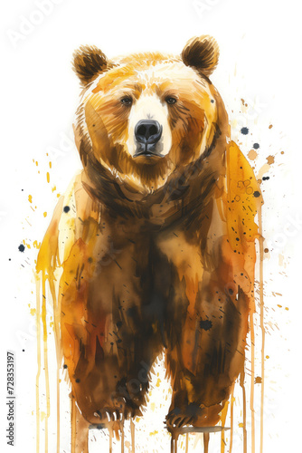 A captivating watercolor painting of a bear, showcasing intricate details and vibrant splashes of color, evoking a sense of wilderness and beauty