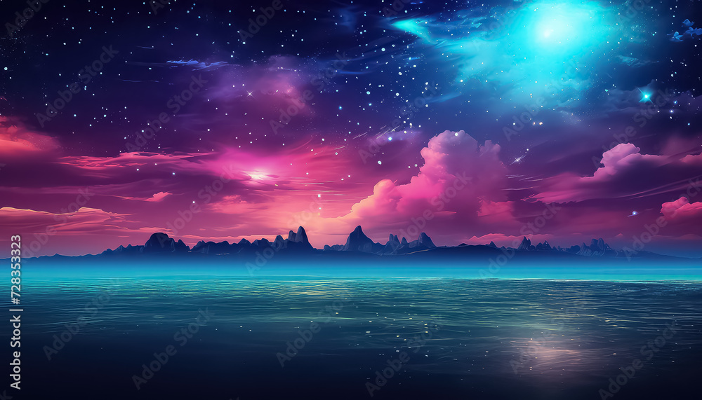 A magical night on the beach overlooking space in neon color ,spring concept