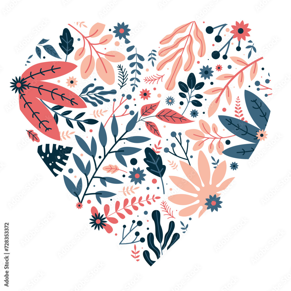Cœur en motifs végétaux - Forme de cœur composée d'éléments naturels comme des feuilles, branches, plantes, fleurs - Pour célébrer un événement romantique ou exprimer son amour 