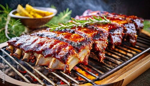 close up of juicy bbq ribs on a grill