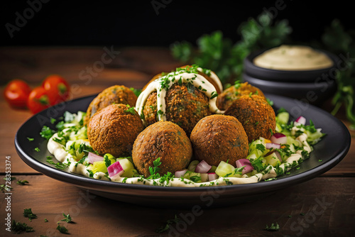 A delicious serving of golden brown falafel balls, garnished with fresh chopped vegetables and drizzled with creamy sauce, presented on a dark plate.