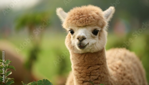 closeup view of cute and adorable fluffy baby alpaca nestled in the field in happy mood lovely zoomed shot of animal