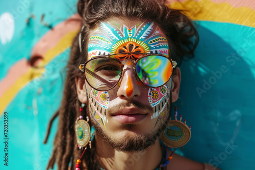 young bearded hippie man with colorful painted makeup, close up, on blue