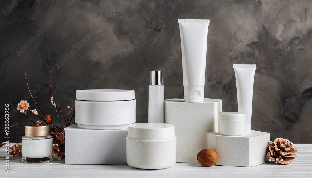 cosmetics packaging set of different cosmetic jars and tubes of cream on white podiums blank packaging natural beauty spa product concept beauty mock up cosmetics packaging set of different cosmetic jars and tubes of cream on white podiums blank packaging natural beauty spa product concept beauty mock up