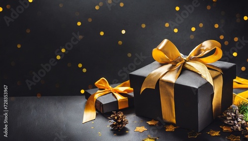 dark gift boxes with satin ribbon and bows on black background holiday gift with copy space birthday or christmas present christmas giftbox black friday concept