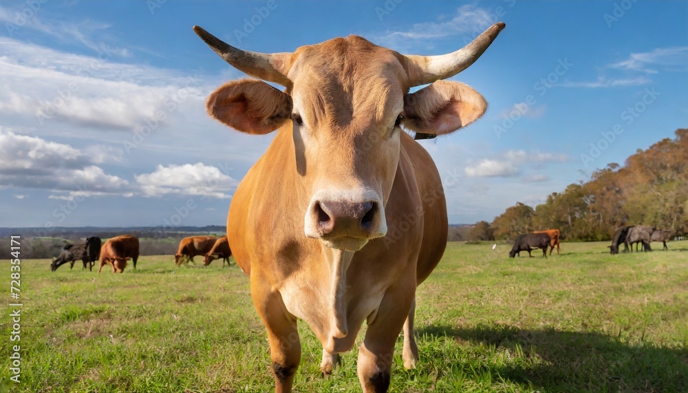 a brahman bull facing the camera while grazing on a sunny day a brahman bull facing the camera while grazing on a sunny day