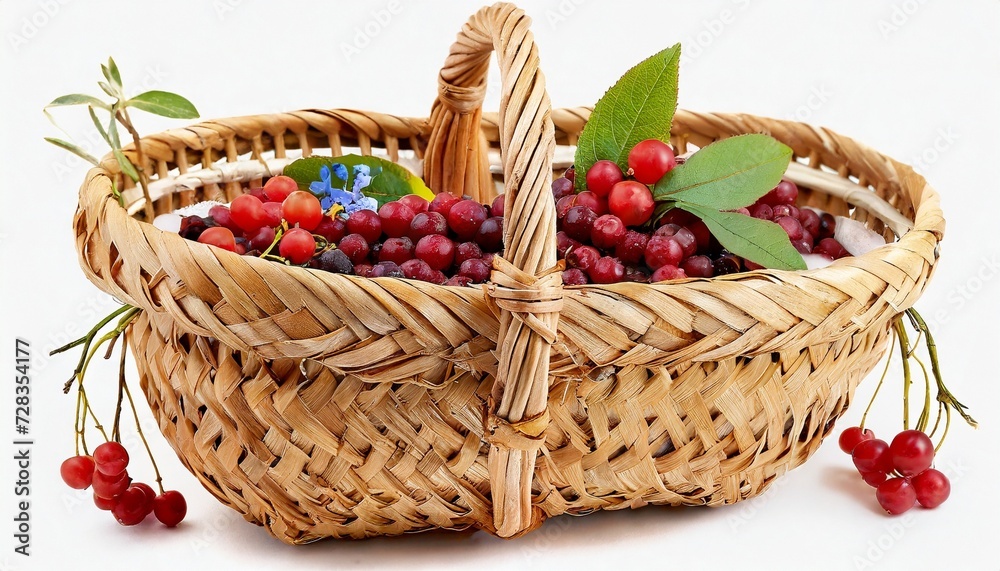 handmade bast product basket for picking berries isolate on a white background