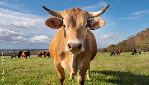 a brahman bull facing the camera while grazing on a sunny day