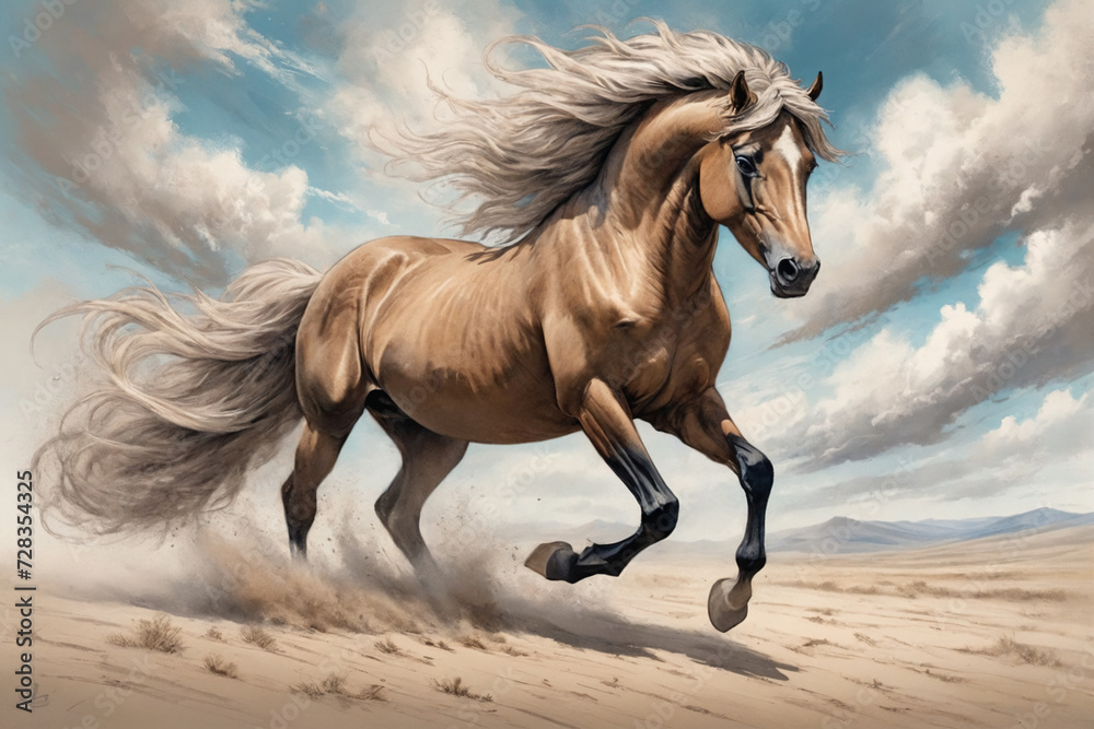 Fototapeta A color chalk sketch of a majestic horse rearing up in a vast, open landscape