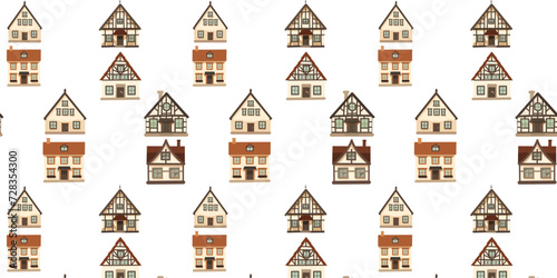 Seamless pattern with architectural traditional German houses, cartoon vector illustration