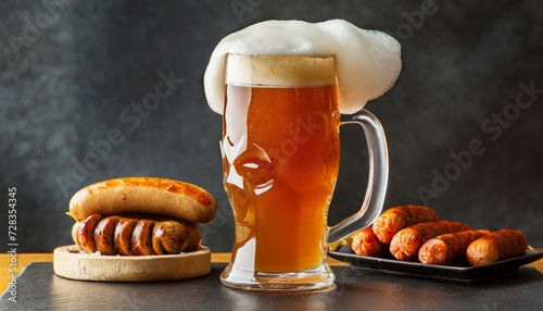 ipa beer with overflowing foamy head in mug served with bratwursts