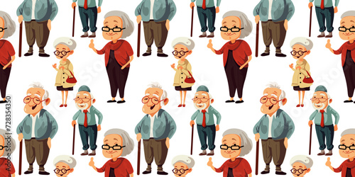 Seamless pattern with happy and cheerful elderly people, cartoon vector illustration