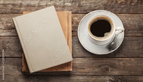 blank closed book and coffee cup on vintage wooden background responsive design template