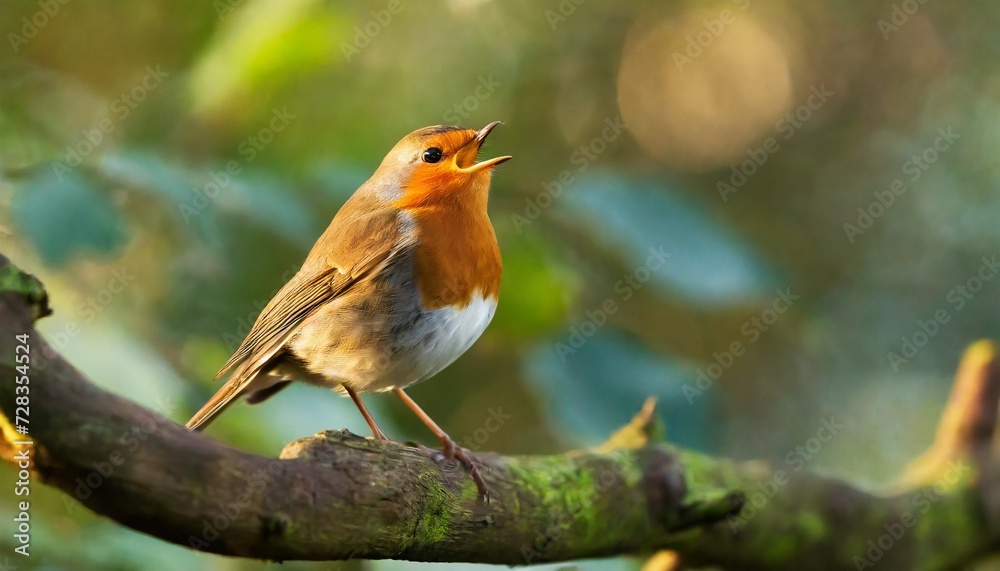 robin erithacus rubecula singing on branch bird in family turdidae with beak open in profile making evening song in parkland in uk robin erithacus rubecula singing on branch bird in family turdidae with beak open in profile making evening song in parkland in uk