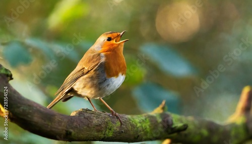 robin erithacus rubecula singing on branch bird in family turdidae with beak open in profile making evening song in parkland in uk © Debbie