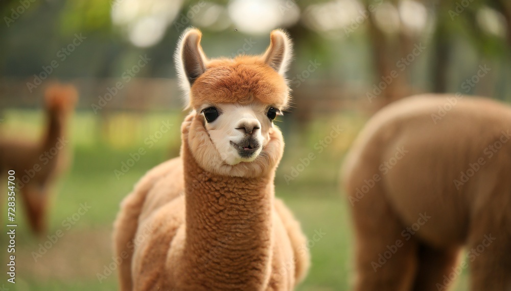 closeup view of cute and adorable fluffy baby alpaca nestled in the field in happy mood lovely zoomed shot of animal