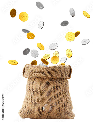 Gold and silver coins bursting out from sack