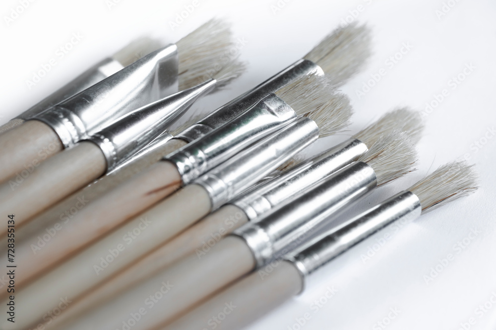 Fototapeta premium Paint brushes lie diagonally on one off-white background. Narrow depth of field
