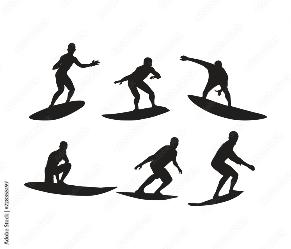  vector hand drawn silhouette of a surfer