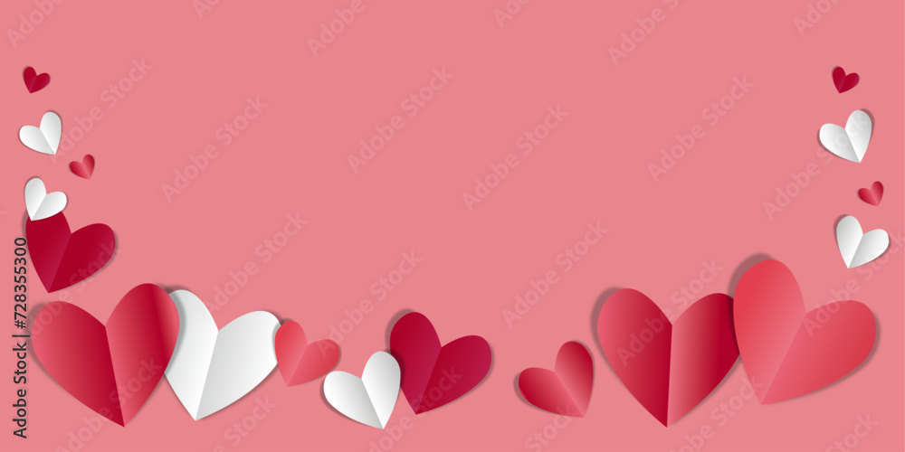  Red, pink and white hearts Vector illustrationisolated on pink background. Paper cut decorations for Valentine's day.