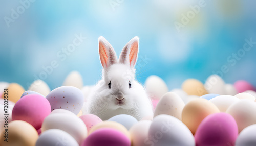 White hare with painted eggs, easter concept