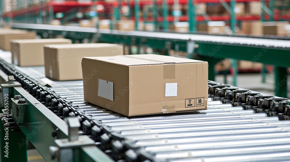 Numerous cardboard box packages moving on conveyor belt in busy warehouse environment Numerous cardboard box packages moving on conveyor belt in busy warehouse environment