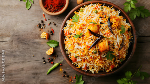 a top view of biryani on a wooden table, capturing the richness and flavors of this culinary delight with room for custom text