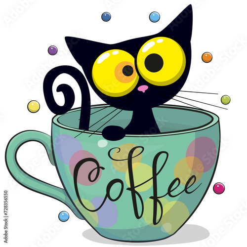 Cartoon black cat is sitting in a Green Cup