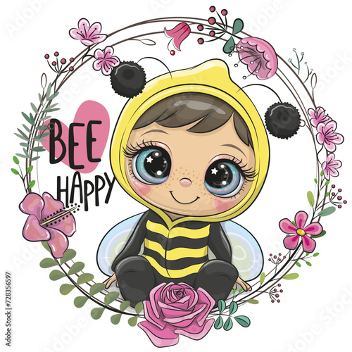 Cartoon girl in a bee costume with a floral wreath